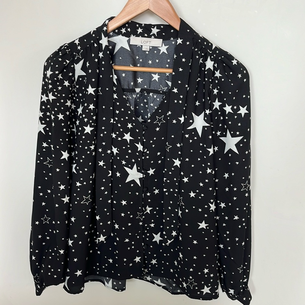 Loft, size small, black, and white star blouse.